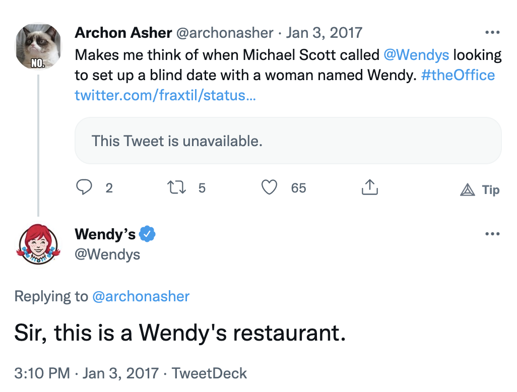 Official Wendy's Twitter account replying 'Sir, this is a Wendy's restaurant.' on Jan 3, 2017